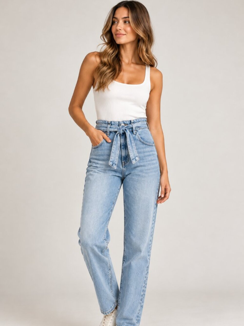 Dynamite High Waisted Straight Leg Jeans with Tie Belt